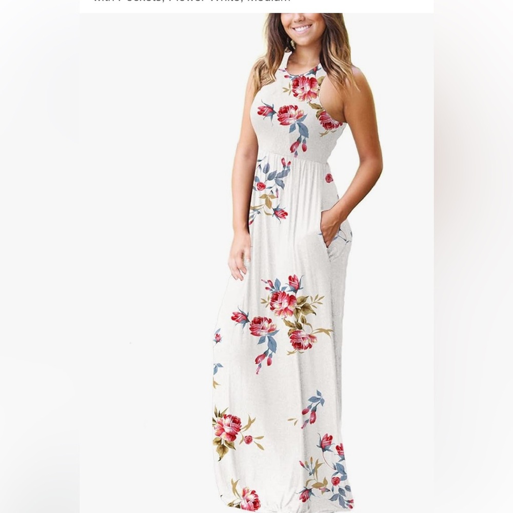 Women's Bohemian Floral Jersey Sleeveless
Racerback Maxi Summer Dress LG Pockets